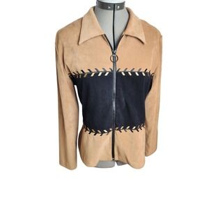 Worthington Tan Black Faux Suede Zip Jacket Gold‎ Whipstitch Vintage Style Sz 8